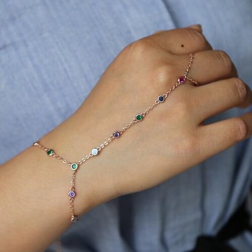 Fashion women wrap cz station chain bracelet with color cz bezel chain rings bracelet for young girl wedding jewelry gift