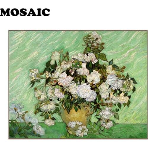 Mosaic Diamond Embroidery,White Rose Van Gogh Flower,Diy Diamond Painting Cross Stitchs Pattern Square Drill Home Decor