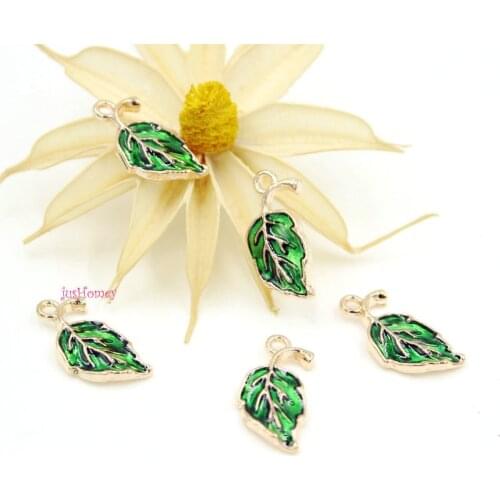 Set of 50pcs Alloy Green leaves Charm Enamel Mini leaf Charm Single Side Pendant 15mm for Handmade Necklace Keychain DIY Decor