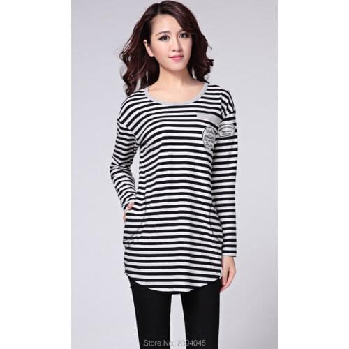 2016 new plus fat to increase the size of the code for womens fat MM autumn wear loose striped oversized long sleeved cotton