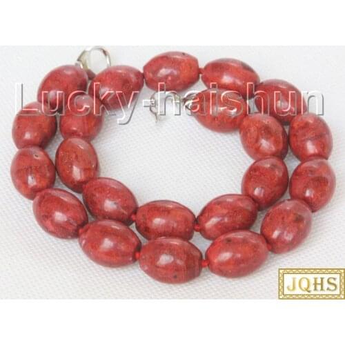 Natural 18" 14X18mm rice oval red sponge coral beads Strand knotted necklace j10509