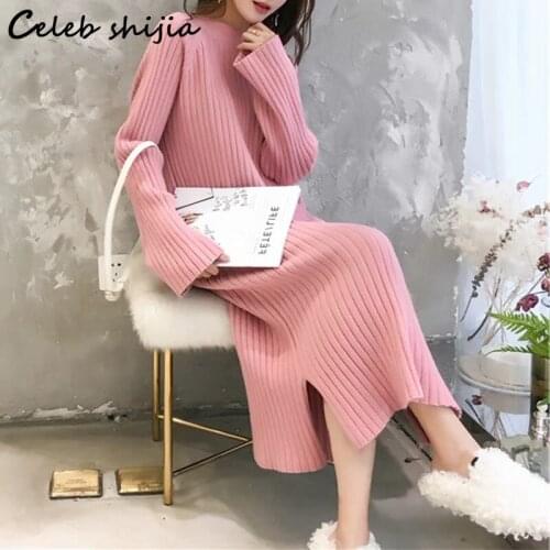 SHIJIA Pink Knit Dress Female Autumn Winter Round Neck Thicken Sweater Dress Vestidos Korean Long Sleeve Elegant Knitwear Fall