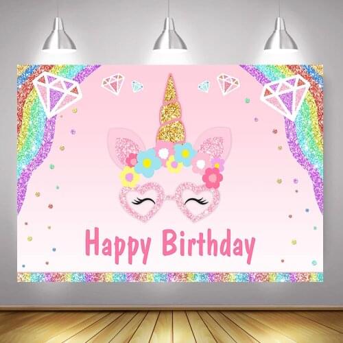 Rainbow Floral Unicorn Happy Birthday Backdrop for Photo Shoot Colorful Diamond Sweet Children Birthday Party Background Decor