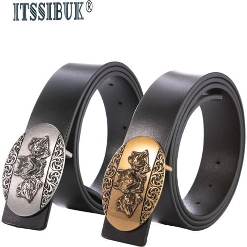 ITSSIBUK New Fashion Casual Mens Leather Belts Male Top Quality wolf head Smooth Buckle Retro Belt For Mens Jeans