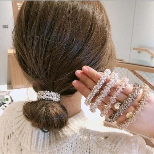 New Women Crystal Hair Ties Pearl Elastic Hairband Girls Scrunchies Rubber Band Women Hair Accessories Headwear Ornament
