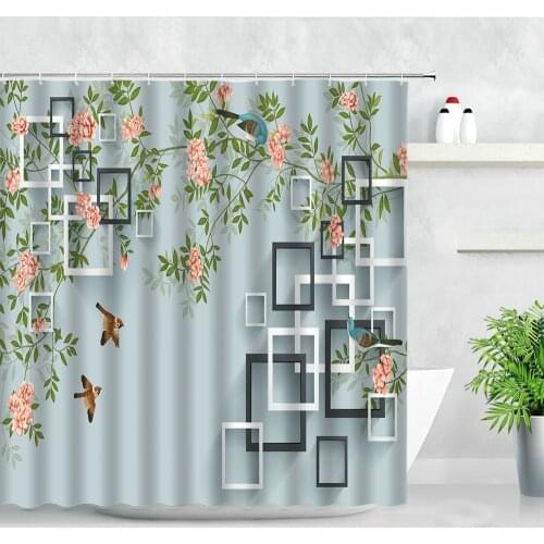Modern Waterproof Shower Curtains Pink Flowers Bird Green Plant Leaf Chinese Style Screen Fabric Home Decor Bathroom Curtain Set