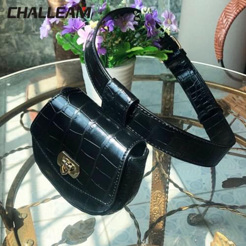 Female Heart Clasp Detachable Simple Mini Belt Bags Black Fanny Pack Women Crocodile Pattern Small PU Leather Waist Bag 389