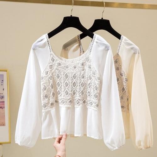 Vintage Long Sleeve Shirts Women Knitted Chiffon Patchwork Hollow Out Single Breasted Ladies Blouse Crop Top Casual Autumn chic