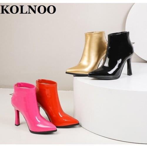 KOLNOO Handmade Womens High Heels Boots Five Star Zipper Patent Leather Ankle Booties Four Colors Evening Fashion Winter Shoes