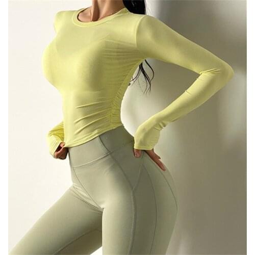 Women Round Neck Long Sleeve Yoga Shirts Fitness Crop Top Sexy Side Folds Running Tight Sports T-shirt Quick Dry Workout Clothes