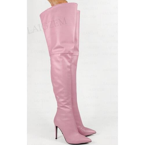 LAIGZEM Women Over Knee High Boots Side Zip Stiletto High Heels Boots Pink Faux Leather Ladies Shoes Woman Big Size 38 42 45 47