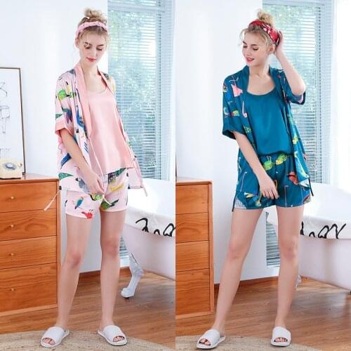 Women new style spring and summer silk print spaghetti strap shorts robe three piece female pajama sets pajamas pajama set
