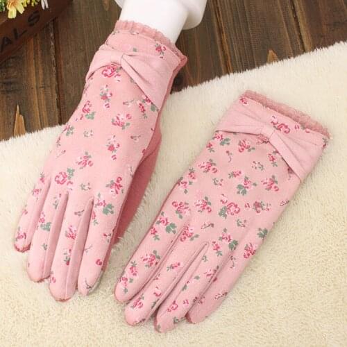 Girls winter thicken thermal gloves bow vintage floral print touch screen warm gloves winter driving gloves