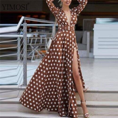 2021 Elegant Women Spring Summer Dot Print Split Maxi Dress Ladies Long Sleeve Sexy Deep V Neck Warp Party Long Dresses