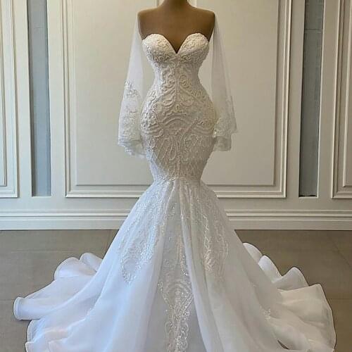 3D Floral Appliques Mermaid Wedding Dress Sheer Sweetheart Neck Long Sleeve Bridal Gowns robes de mariée Lace Beading Bride Dres