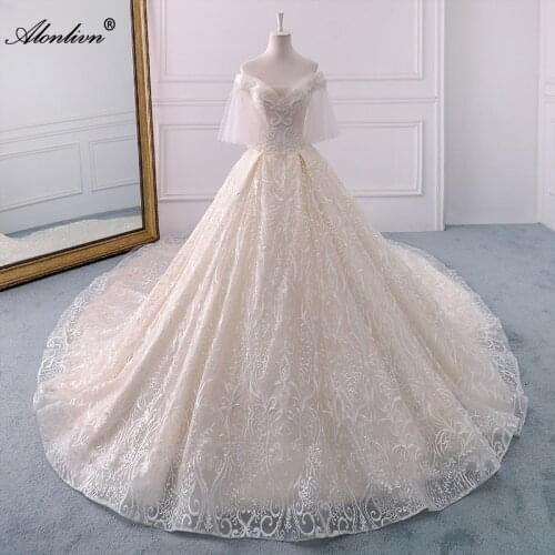Alonlivn Brilliant Lace Ball Gown Bridal Dress Beading Pearls Puff Half Sleeves Lace Up Wedding Gowns Real Pictures