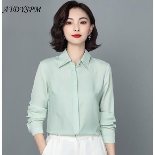 New Plus Size Silk Shirts Women Spring Fashion White Green Shirt Long Sleeve Office Lady Satin Shirts Blouse Female Casual Tops