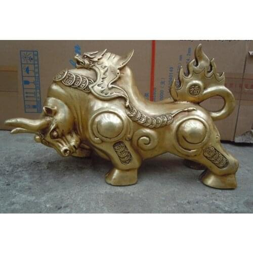 8" China brass copper carved finely dragon luck money OX Sculpture statue