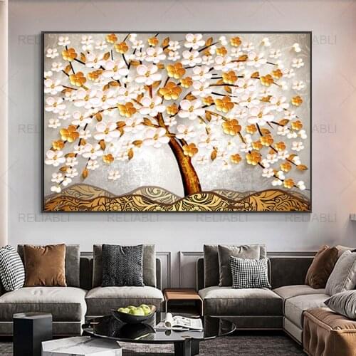 Golden Rich Tree Flower Leaf Posters Canvas Painting Landscape Modern Home Decor Prints Wall Art Pictures For Living Room Decor