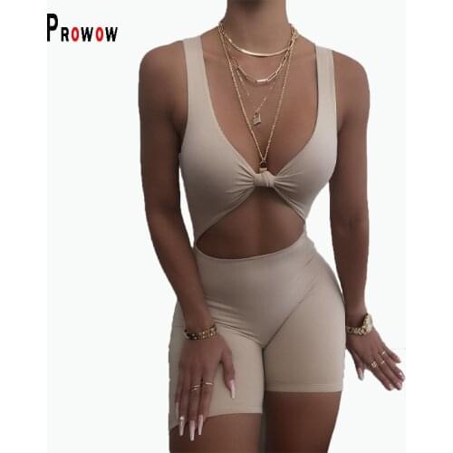 Prowow Summer Women Playsuits Bodycons Outfits Hollow Out Sexy Fitness Clothing Sleeveless Solid Color Joggers Romper One Piece