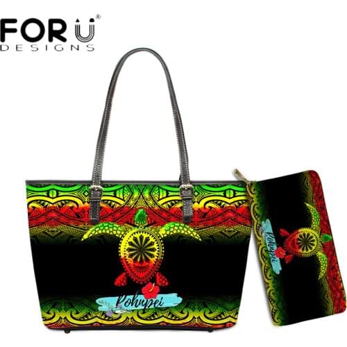 FORUDESIGNS High Quality 2pcs Set Women Luxury Handbag And Purse Pohnpei Polynesian Samoa Turtle Print Lady Pu Leather Bolsa Sac