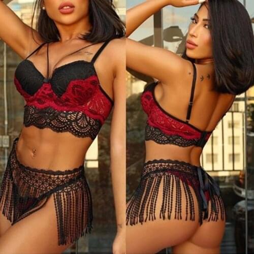 3Pieces Women Lingerie Set Sexy Lace Bra and Fringed Waistband and Panty Three-piece Tasseles Underwear Suit
