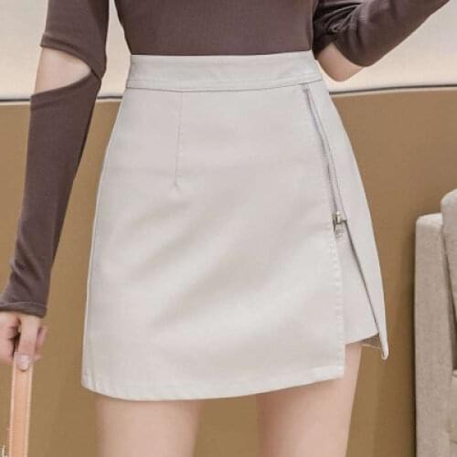 High Waist PU Leather Short Skirt Women Fashion Autumn Winter Zipper Split Irregular Sexy Slim Bodycon Mini Skirts Womens C7658