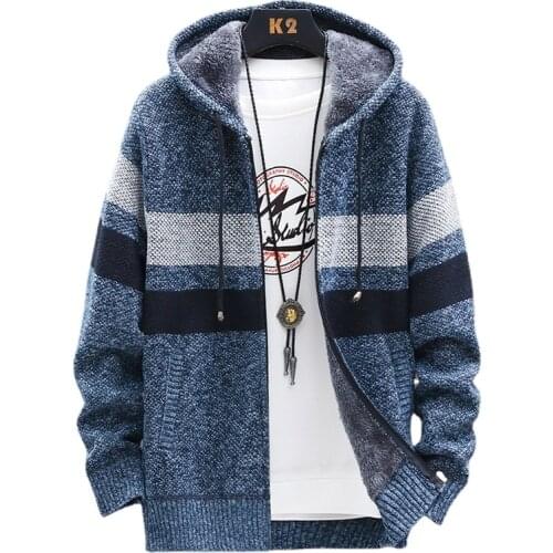 LUCLESAM 2021 Winter Men Plus Velvet Contrast Warm Hooded Cardigan Mens Fashion Thicken Knitted Sweaters sueter masculino