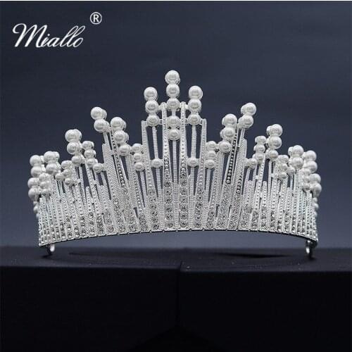 Miallo Classic Baroque Austrian Crystal Pearls Tiaras and Crowns Queen Princess Crowns Women Hair Jewelry Brides Tiaras