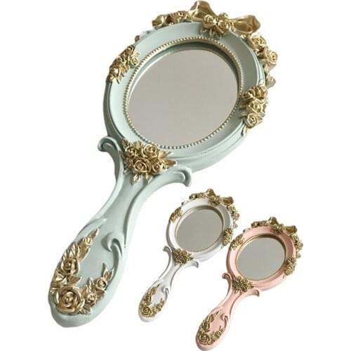 Mini Portable Vintage Mirror Handhold Makeup Mirror Floral Oval Round Cosmetic Hand Held Mirror with Handle for Women