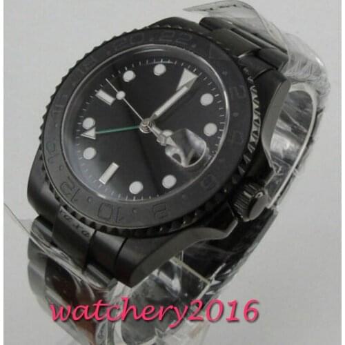 40mm parnis black sterile dial sapphire crystal PVD case automatic mens watch