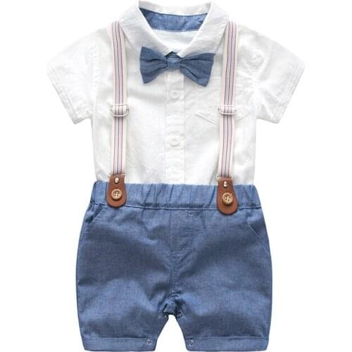 Baby Boys Bow Formal Romper Clothes Suits Gentleman Party Suit Soft Cotton Solid Jumpsuit + Suspender Pants Infant Toddler Set