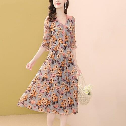 Dress Vintage Chiffon Summer Splicing Lace V-Neck Long Dresses Ruffle Short Sleeve Casual Party Holiday Beach Boho Dress 2021