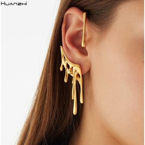 HUANZHI 2020 New Golden Metal Drop Wax Irregular Lava Metal Ear Cuff Earrings Without Piercing Punk for Women Jewelry Gifts