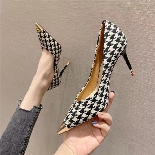 Sexy Ladies High Heels Women Stiletto Houndstooth Color Matching Metal Pointed Toe Shoes for Wedding Women