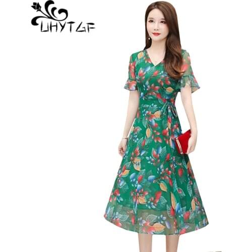 UHYTGF dress summer 2020 new printing chiffon dresses for women short-sleeved O neck pullover vintage slim female dress 5XL 1024