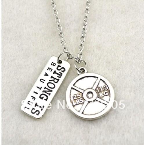 Antique silver plated Vintage Circle 25LBS 11.3KG Weight Plate and Strong Is Beautiful necklace