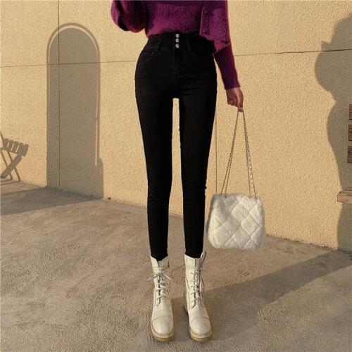 Women Streetwear Denim Skinny Trousers 2021 High Waist Ruffles Women Jeans Pants Single-Breasted Female Pencil Jeans