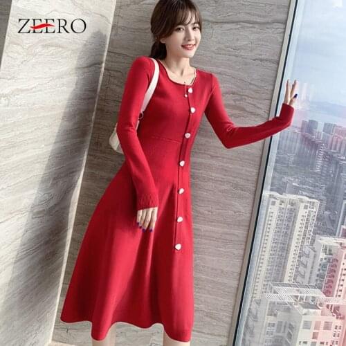 Autumn Winter Female O Neck Wavy Edge Triangle Button High Elasticity Base Warm Knit Dress Women Long Sleeve High Waist Dresses