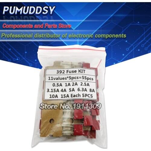 55PCS/Set Square Plastic Fuse Assortment Kit 392 0.5A 1A 2A 2.5A 3.15A 4A 5A 6.3A 8A 10A 15A 250V Fuses Slow Blow Tube Fuse set