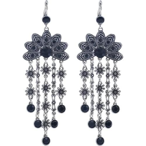 Bohemian Vintage Silver Color Metal Flower Hanging Earrings for Women Rhinestone Statement Earring Turkish Party Jewelry Gift