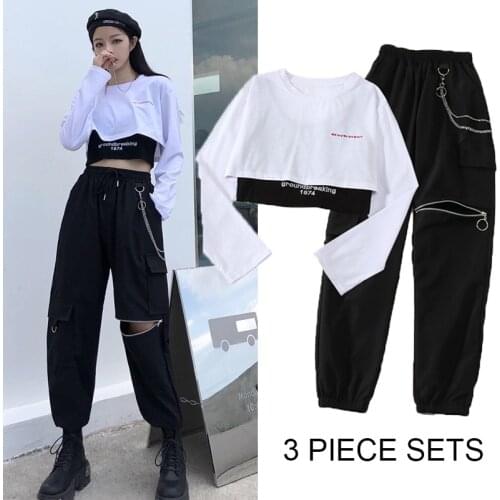Fashion Jogger 3 Piece Sets Women 2021 New High Waist Cargo Pants with Chain Streetwear Casual Hip Hop Long Sleeve Crop Tops