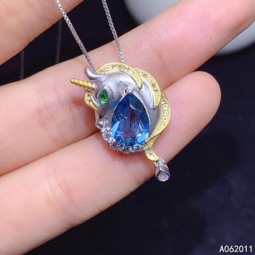 KJJEAXCMY fine jewelry natural blue topaz 925 sterling silver elegant unicorn girl pendant necklace support test hot selling