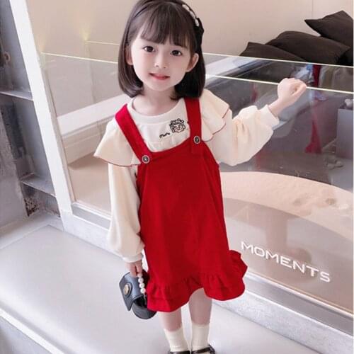 Girls Clothing Sets New Arrival 2021 Autumn Long Sleeve Wood Ear Cartoon Sweatshirt+Sleeveless Strap Dress Princess Outfit 1-7T