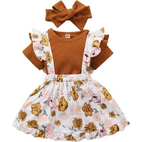Summer Newborn Baby Girls Clothes Set Ruffle Sleeve Romper Floral Dress Overall Headband Toddler Infant Clothing Cute Outfit D30