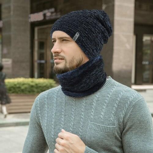 Men Winter Solid Knitted Skullies Scarf Set Snood Neck Beanie Hat Easy Scarves Plus Velvet Thick Knit Hat and Muffler
