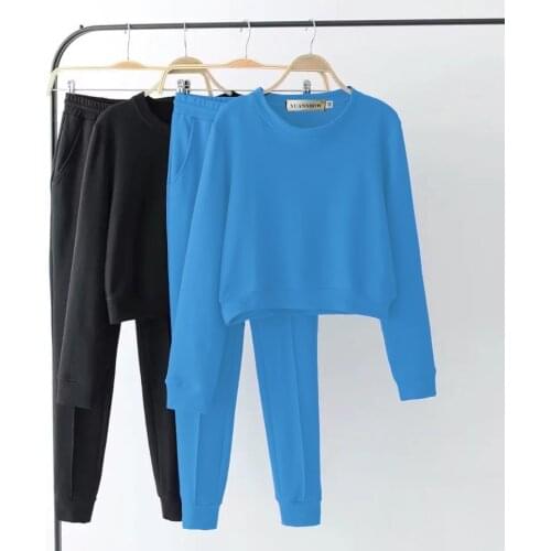 XUANCOOL Autumn Tracksuit Long Sleeve Solid Sweatshirts Vintage Women Clothing 2 Piece Set Crop Tops+Pants Sporting Suit Female