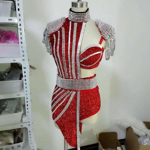 2020 Rhinestone Dress Dj Female Singer Nightclub Half Dance Costume Sequins Leotard Clothes Stage Jazz Dance Costume For Singer