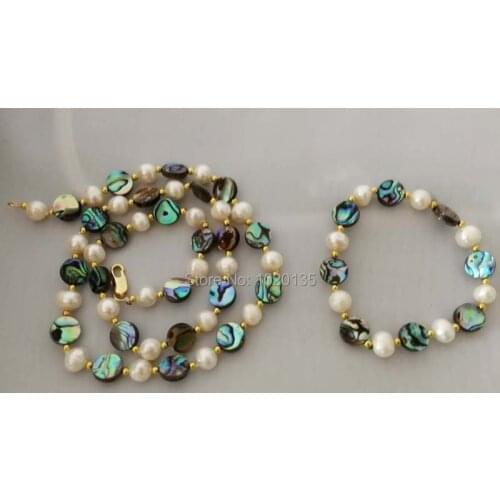 Freshwater pearl white near round and abalone shell coin green necklace bracelet 22inch nature beads wholesale discounts