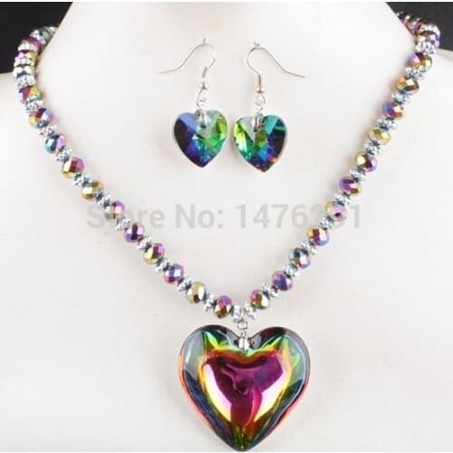 Charm Multi-Color Crystal Glass Heart Beads Pendant Necklace Earring 1 SET